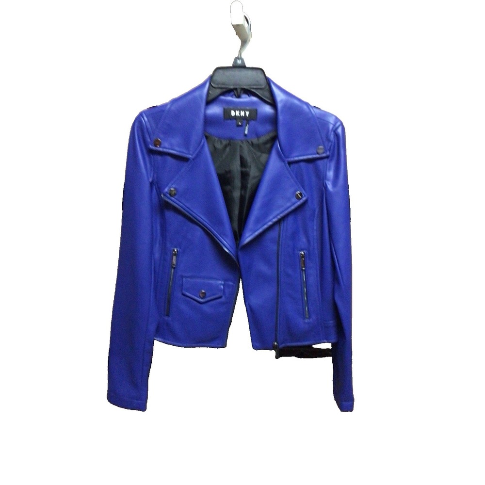 DKNY Women's Faux Leather Short Moto Jacket (XS) -‎ Cobalt Blue - (Pre-Owned)